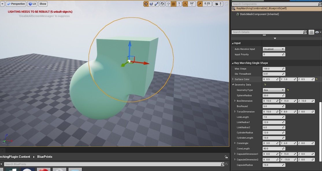 The raymarchig plugin smoothly blending a sphere and a box together